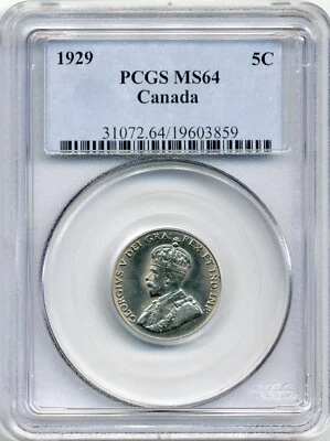 1929 Canada 5 Cent - Choice Uncirculated, PCGS MS 64 - Image 1 of 2