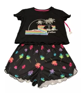 Justice Girls Pajamas Set Black Size 12/14 2 Pieces Top Shorts Colorful Tropical - Picture 1 of 13