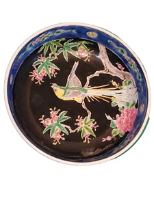 Antike chinesische Famille Noir Schale Vögel Blumen blauer Rand 7 1/4" - Bild 1 von 5