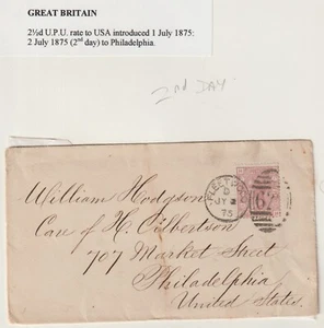 1875 LANCASHIRE FLEETWOOD DUPLEX 2½d PLATE 1 TO USA 2nd DAY FOR UPU RATE POSTAGE - Picture 1 of 3