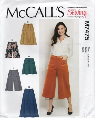 McCalls Sewing Pattern 7475 Semi-fitted Skirts, Shorts and Culottes Size 6-22 - Image 1 of 4