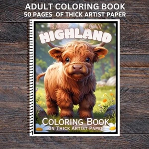 Baby Highland Cow - Spiral Bound Adult Coloring Book - Thick Artist Paper - Picture 1 of 3