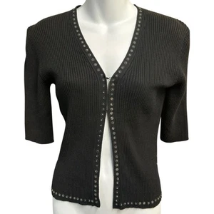 Cardigan vintage cache donna piccolo nero a costine paillettes orlo manica 3/4 anni 90 Y2K - Foto 1 di 10