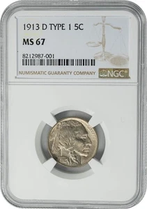 1913-D Buffalo Nickel 5c Type 1 MS67 NGC 950596-3 - Picture 1 of 5