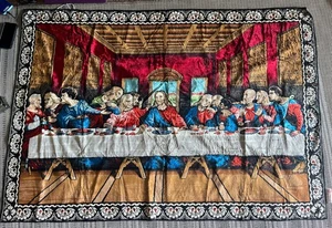 Vintage Jesus Das letzte Abendmahl Wandteppich 69"x 48 Samt 70er Made Italy - Bild 1 von 20