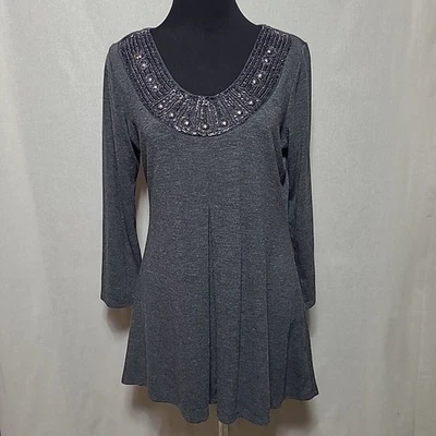 Dressbarn Sweater Tunic Top Mini Dress Size M Beaded Neckline Grey - Image 1 of 4