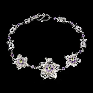 925 Sterling Silver Bracelet Round Peridot Amethyst Natural Gemstone Jewelry 7in - Picture 1 of 13