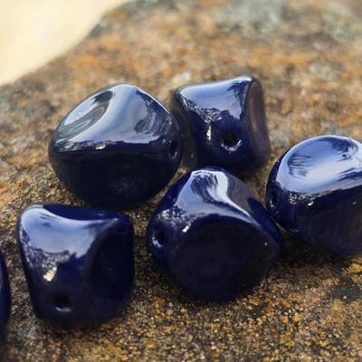 Vintage German Glass Beads 12mm - Deep Navy Blue - Organic Nugget Shape Lot of 6 - Image 1 of 3