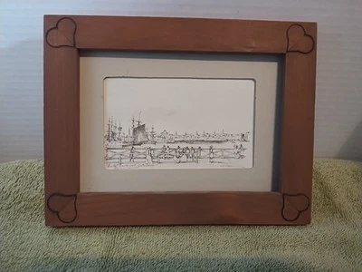 Boceto a lápiz Boston View From South Boston Bridge 1829 enmarcado 8,5"X6,5" hecho en EE. UU. Foto 1 de 4