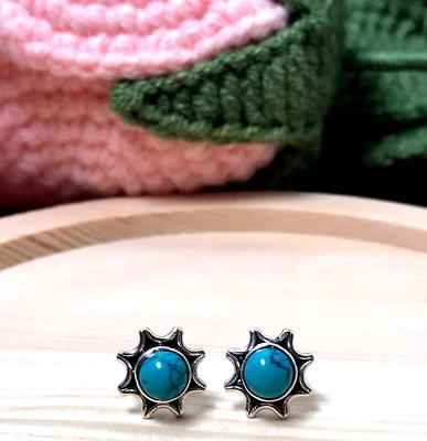 Aretes de plata de ley 925 y turquesa azul con forma de sol redondos piedra de nacimiento Foto 1 de 4