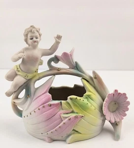 Vintage PAULUX Cherub Pastel Floral Planter Figurine Porcelain Bisque Japan - Picture 1 of 8