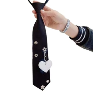Stylish and Cool Girls School Uniform Necktie JK Pre-tied Tie Heart Pendant - Picture 1 of 9