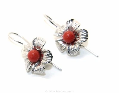 ARGENTO 925 ORECCHINI DONNA PERLE CORALLO NATURALE ROSSO FIORE AMO SICUREZZA - Immagine 1 di 4