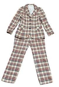 VTG JACK WINTER PLAID WOOL SUIT 10-12 1960s LINED IVORY GREEN RED PANTSUIT WOMEN - Picture 1 of 10