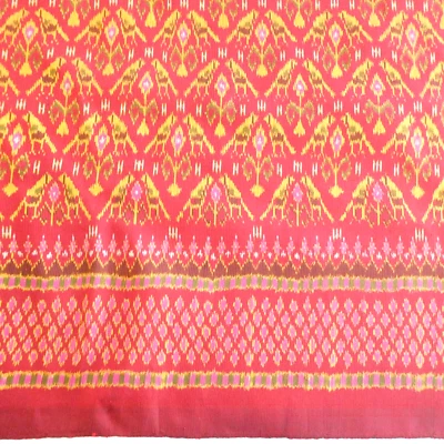 Border Print Rayon Ikat Fabric Red Gold Birds 67x40 inch - Image 1 of 4