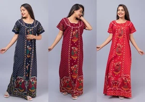 Indian Women's Cotton-Nighty Hand Block Print Sleepwear Plus Long Dress Handmade - Picture 1 of 16