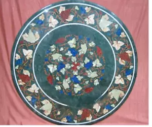 24" Multi Gemstones Inlay Coffee Table Top Green Round Marble Garden Table Decor - Picture 1 of 8