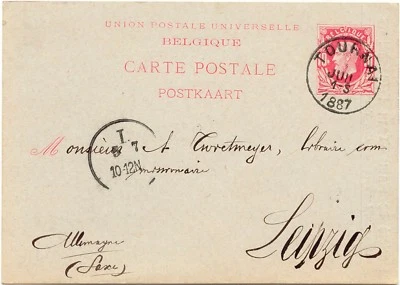 BELGIEN GANZSACHEN 1887 10C karmin König Leopold II Privat-GA ABART WEIßER FLECK - Bild 1 von 4