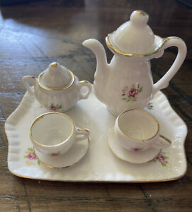 Vtg Fine China 9 Pc Miniature Tea Set Floral Gold & White Rose Childs Toy Set