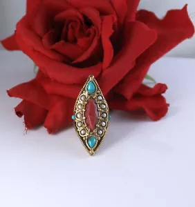 Simulated Turquoise & Ruby Bronze Ornate Size 7 Ring CAT RESCUE - Picture 1 of 2