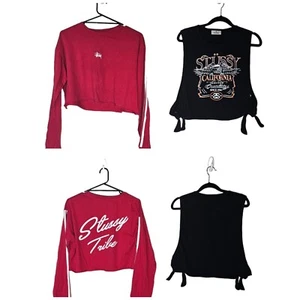 STUSSY bundle x2 long sleeve crop tee & tank women's size 10 black eagle tie up - Picture 1 of 23