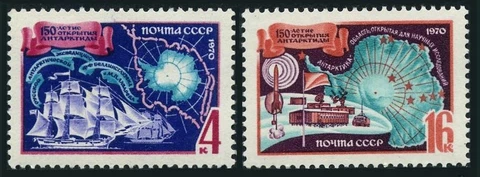 Russia 3699-3700,MNH. Bellingshausen-Lazarev Antarctic expedition-150,1970.Ships Cover