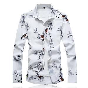 Men's Casual Long sleeve Shirt Printing Floral Blouses Tops Slim Fit Beach New D