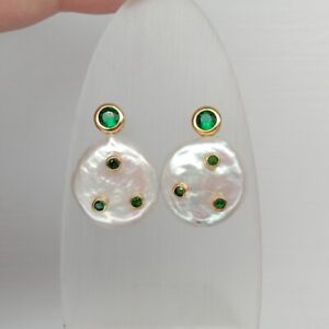 Freshwater Cultured White Coin Pearl Muti Color Cz pave Stud Earrings for Woman