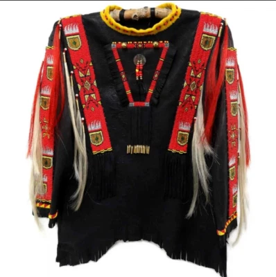 Old Style American Buckskin Buffalo hide Beaded Fringes Powwow Regalia War Shirt - Image 1 of 2