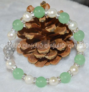 Natural 10mm Light Green Jade Gems& 9-10mm Genuine White Cultured Pearl Bracelet - Picture 1 of 6
