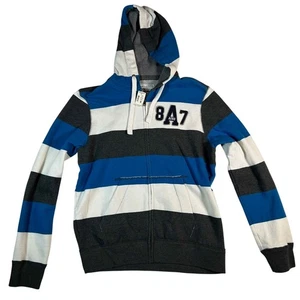 Aeropostale 87 gestreifter Hoodie mit durchgehendem Reißverschluss für Herren Large L/G blau grau weiß Y2K neu mit Etikett - Bild 1 von 11