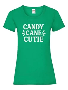 Womens Candy Cane Cutie Festive Green Elf Christmas Lady Fit T-Shirt - Picture 1 of 8