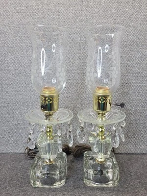 Vintage PAIR Crystal Prisms Lustre Boudoir Lamps Etched Grapes Hurricane Globes - Image 1 of 4