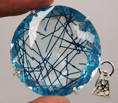 Natural 153.40Ct Blue Rutilated Quartz Round Cut Pendant Certified Loose Gemston - Image 1 of 4