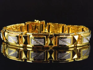 Mens Yellow Gold Finish Silver Pave Real Diamond Bracelet 12mm 8.5" .70 Ct - Picture 1 of 9