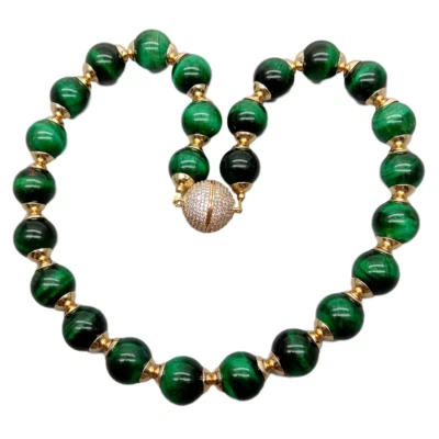 Colar redondo liso olho de tigre verde 14 mm 18,5" Cz fecho pavê - Imagem 1 de 4