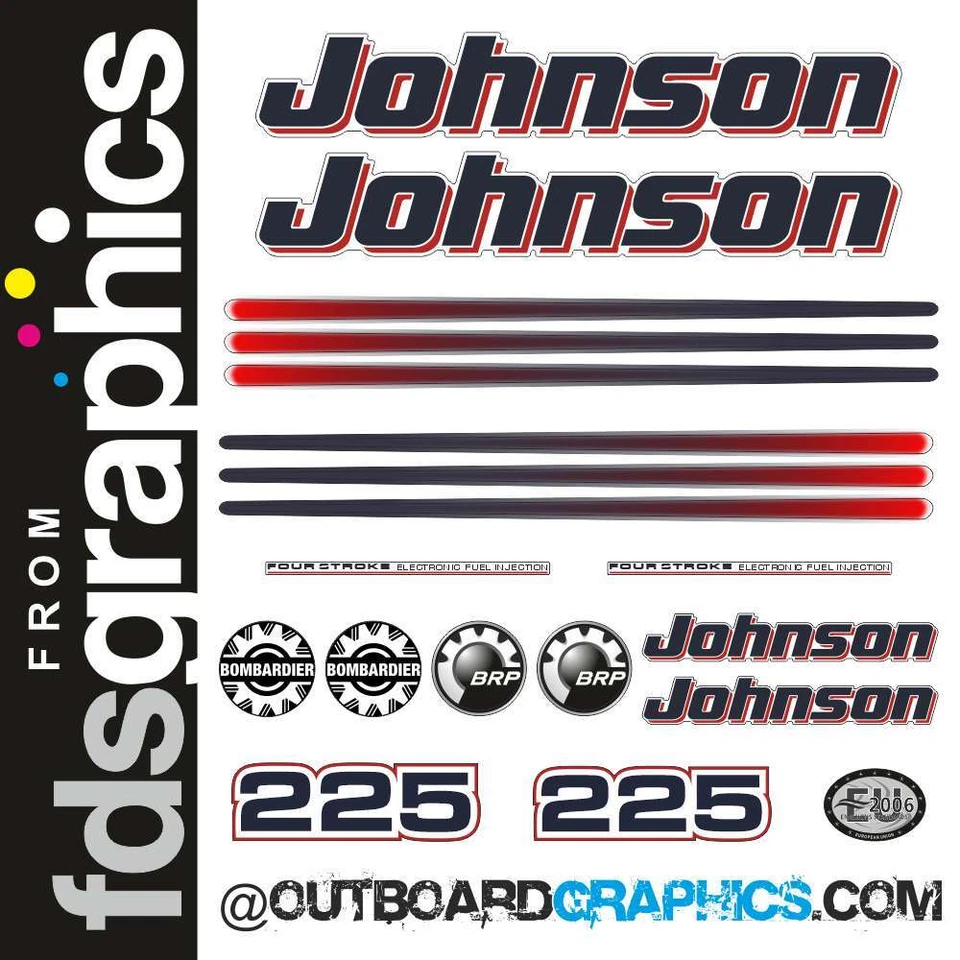 Johnson 225hp four stroke (2005) outboard engine decals/sticker kit - Image 1 of 1