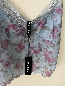 Motel Womens Yenika Cami Top Blue Pink Floral Lace Trim V Neck Sheer XXL NWT - Picture 1 of 7