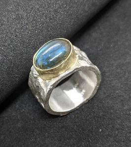 12 mm Ring mit Labradorit Silber und Gold 585 Flamere Design Dieter Fischer - Picture 1 of 11