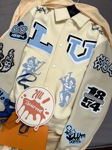 Louis Vuitton Leather Varsity Jacket White by Virgil Abloh size 50 BRAND NEW DS - Picture 1 of 6