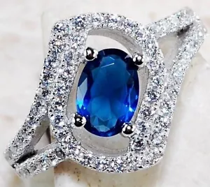 1CT Treated Blue Sapphire & White Topaz 925 Sterling Silver Ring Sz 8 I2-3 - Picture 1 of 3
