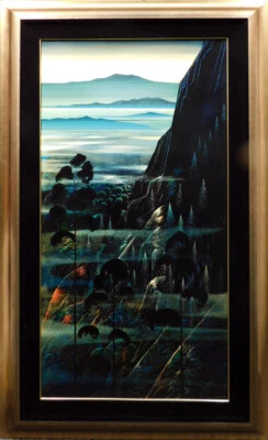 Eyvind Earle "Sin título" verde MTN firmado a mano original óleo sobre panel HACER OFERTA Foto 1 de 4