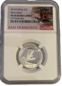 2018-S Silver PF 69 Ultra Cameo Block Island 25C Washington Trolly Label - Picture 1 of 2