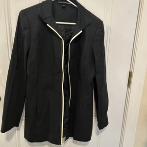 Linda Allard Ellen Tracy Open Blazer Jacket Cotton Black wBeige Trim Size 14 - Picture 1 of 8