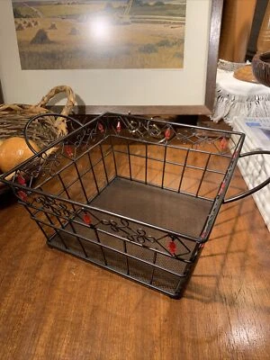 Vintage Decorative Basket~Black Wire + Mesh + Red Beads~2 Handled~Home Decor - Image 1 of 4