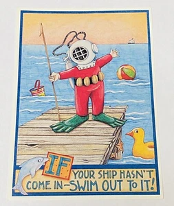 Vintage Mary Engelbreit Greeting Card Diver Dan Ship Hasn't Come In Dolphin - Picture 1 of 3