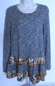 Vision Women's Small Gray and Leopard Print Ruffle Tunic Blouse - Picture 1 of 7