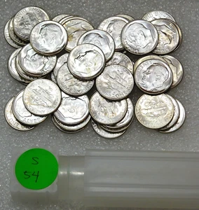 1954-S Roosevelt Silver Dime Original UNPICKED Gem BU roll 50 coins in tube #P89 - Picture 1 of 2