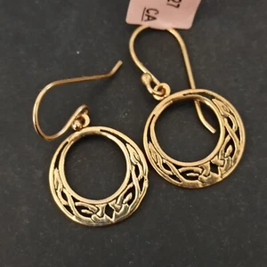Silver 14K Gold Plated Earrings 925 Round Deco Ethnic Retro Hoop Artisan Gift 1" - Picture 1 of 13