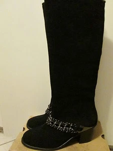 B. Makowsky Black Suede Leather Knee High Western Chain Detail Boots 8.5  NEW - Picture 1 of 8